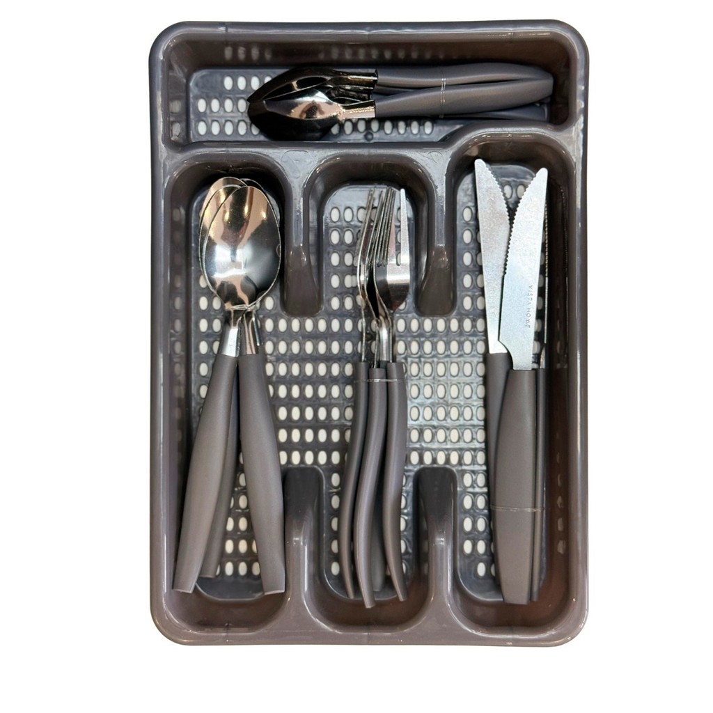 Faqueiro 25 Pecas Inox Cabo PP Cinza inclui Suporte Gaveta