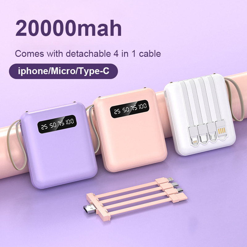Carregador portátil de 20.000mAh, equipado com 4 cabos de carregamento rápido LED Digital Power Bank