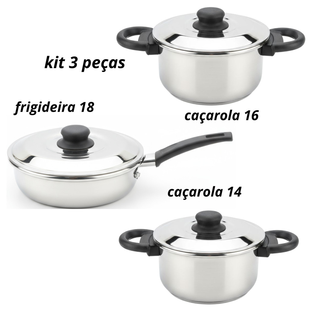 KIT 3 Panelas Caçarolas Aluminio Polido e frigideira 18cm
