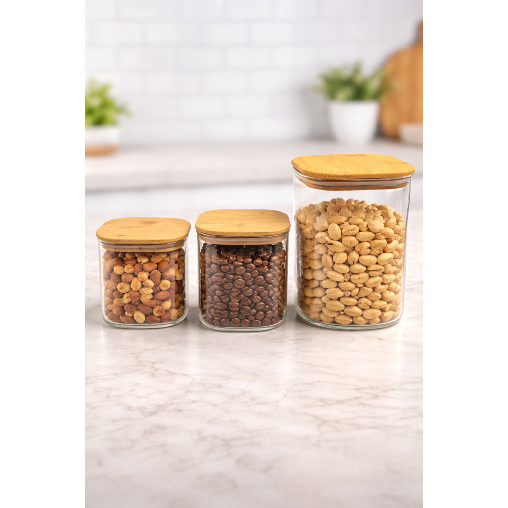 Kit 3 Potes de Vidro Hermético Tampa de Bambu -  Organizador de Mantimentos Cozinha