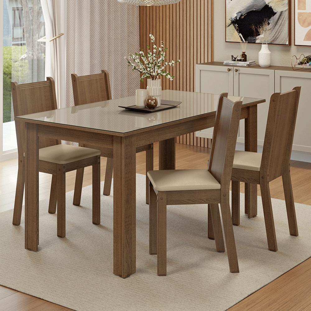 Conjunto Sala de Jantar Avelã Mesa Tampo de Vidro 4 Cadeiras Madesa