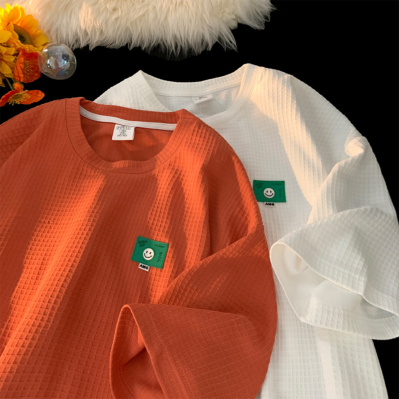 Waffle 320g laranja pesado de manga curta Street Wear camiseta masculina americano Smiley Face rotulagem camiseta casal 