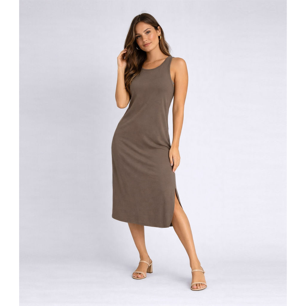 Vestido Feminino Regata Midi Com Fenda Good Bless Marrom em Oferta na Shopee