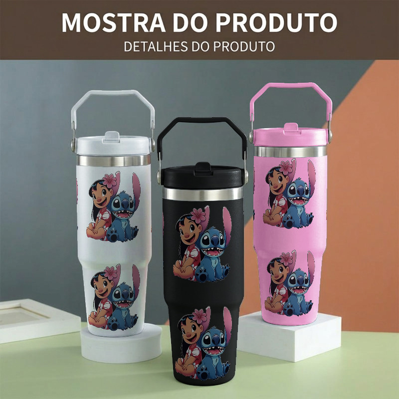 Lilo & Stitch Uso Doméstico Viagem Portátil Copo Térmico De Aço Inoxidável De Grande Capacidade Com Canudo Alça