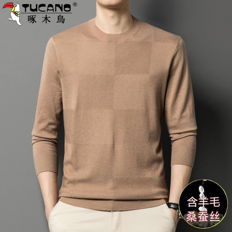Woodpecker primavera outono camisola masculina em torno do pescoço fino malha camisa de fundo camisola masculina High-En