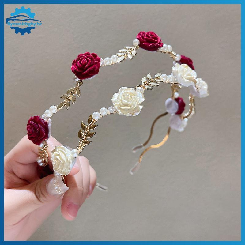 flym Senhoras Elegante Rosa Videira Acessórios De Cabelo Cocar Meninas Vintage Metal Flor Pérola Vermelho Branco Tiara H