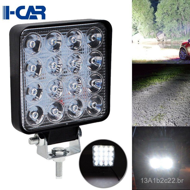 Lanterna de Trabalho Quadrada de 48W com 16 LEDs, Holofote para Veículos Off-Road 12-24V, Lanterna de Busca para Carro e