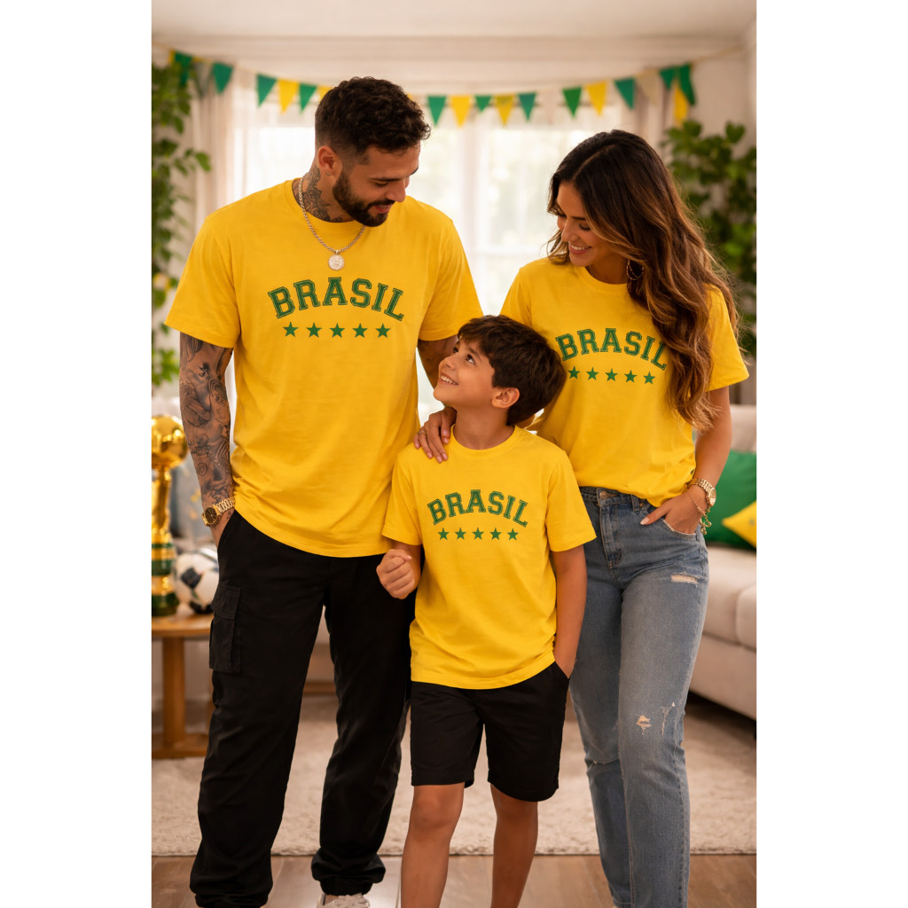 Camiseta Copa Familia Camisa Brasil Hexa Adulto e Infantil Blusa 100% Algodão Premium