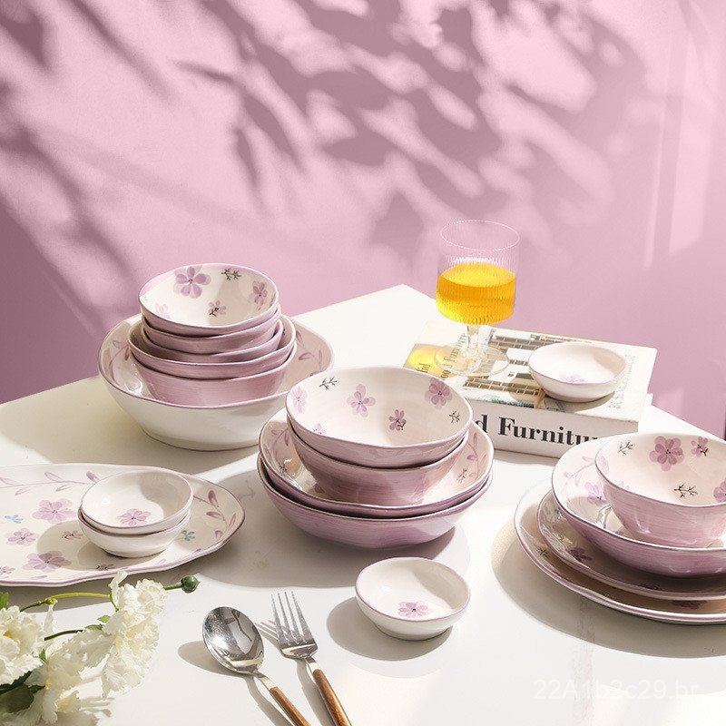 Conjunto de louça roxa para uso doméstico, utensílios de mesa de cerâmica por atacado, conjunto vintage de pratos e tige