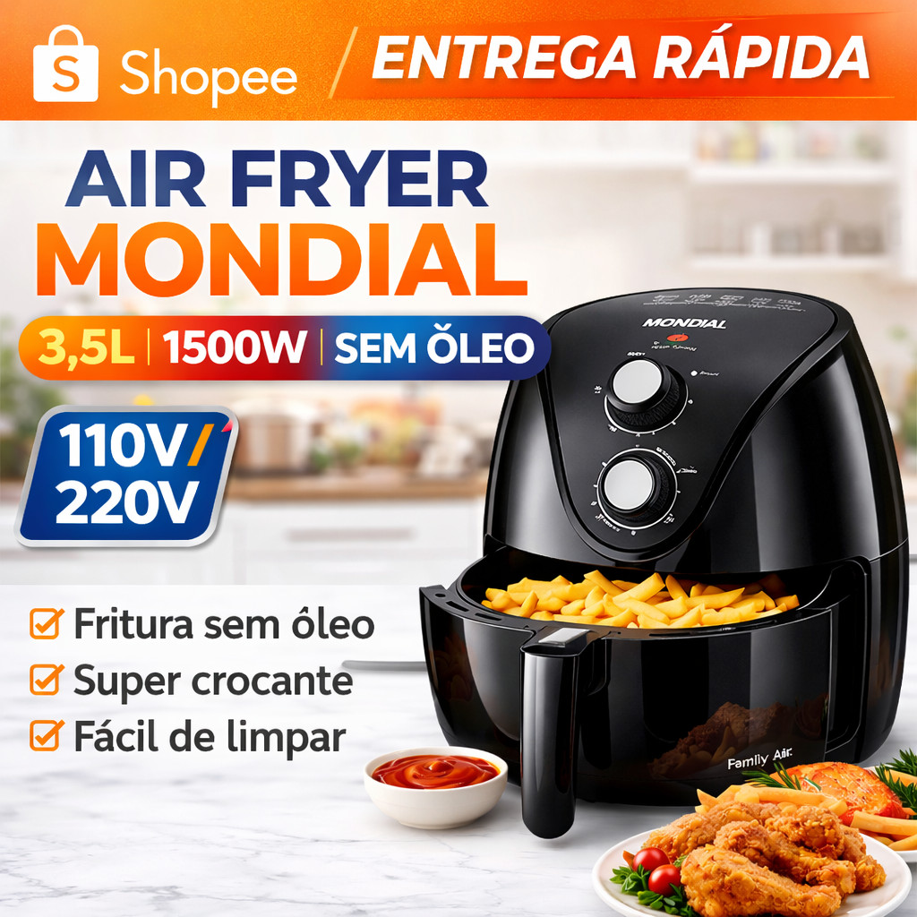 Air Fryer Mondial 3,5L 1500W Sem Óleo Fritadeira Elétrica Preta Crocante Rápida 110V