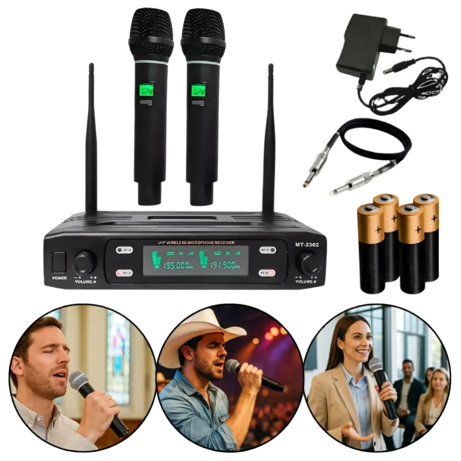 Microfones Sem Fio Duplo Serie Dinâmico Profissional com Receptor (MT-2302)