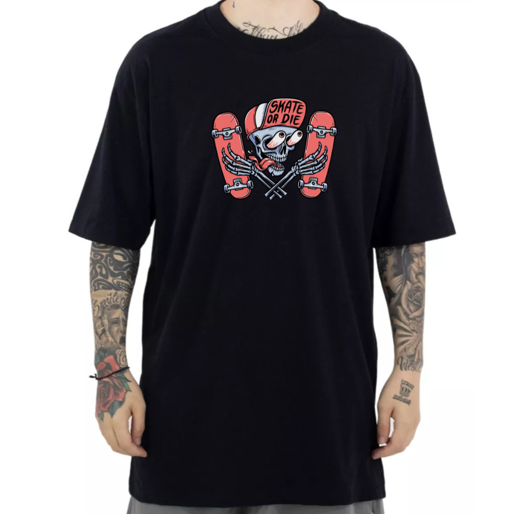 Camisa Streetwear Skate Or Die 100% Algodão fio 30.1 Penteado Camiseta Oversized