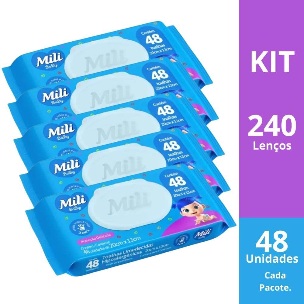 Kit 5 Pacotes Lenços Umedecidos Mili 48 Unids Cada - 240 Total