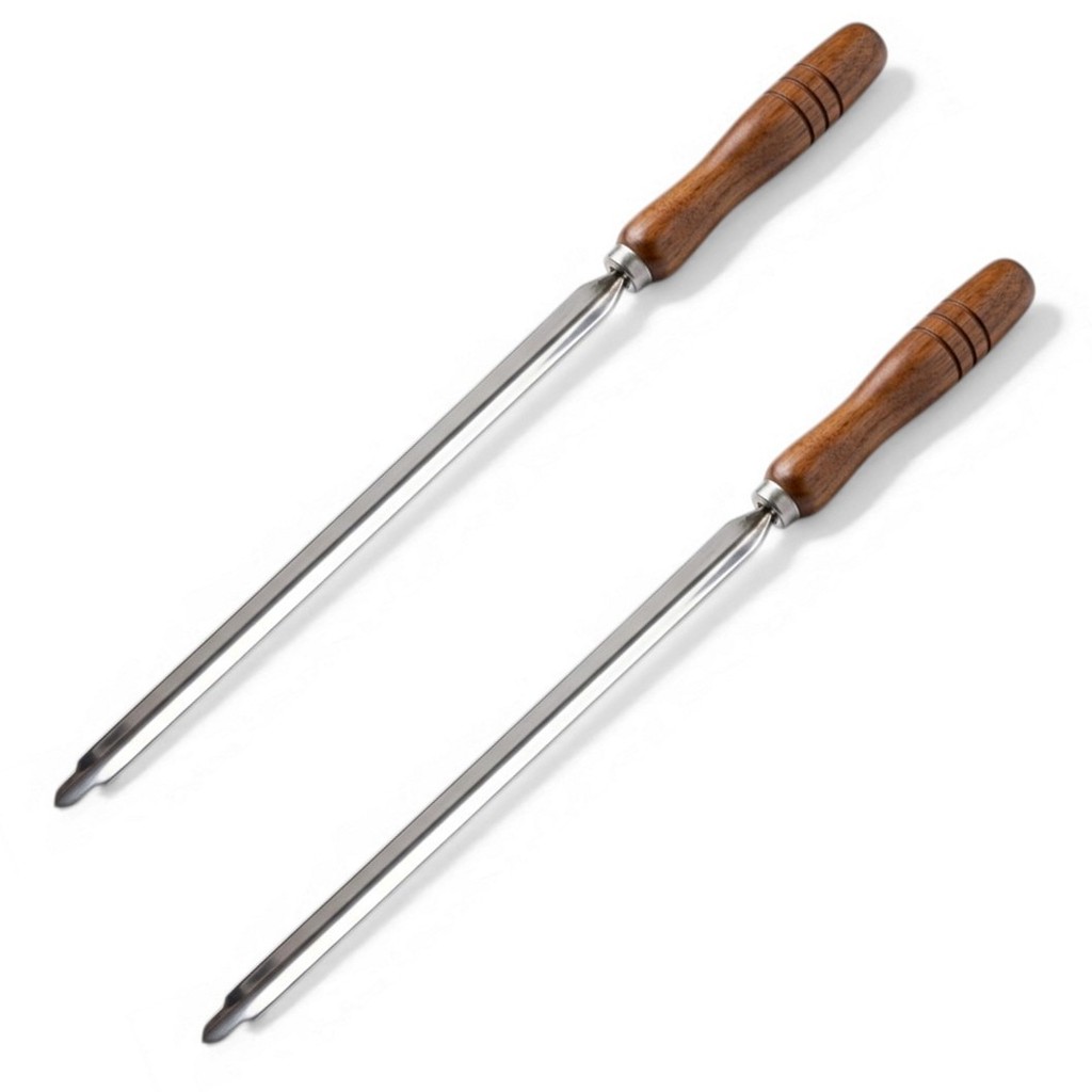 Kit 2 Espetos para churrasco costelão inox 60 cm lâmina larga cabo em madeira carnes churrasqueira profissional