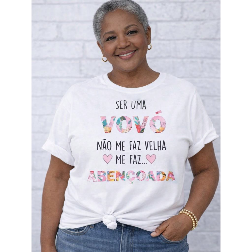 Blusa Feminina Estampada Vovo Abençoada Camiseta 100% Algodão Camisa