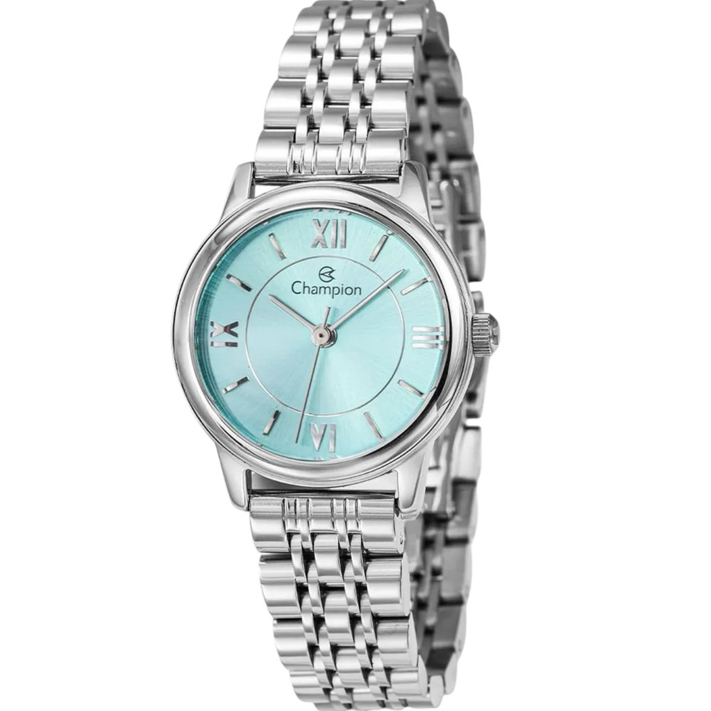 Relógio Feminino Champion Prata Azul Turquesa Aço à Prova d'Água Original Presente CF26179F
