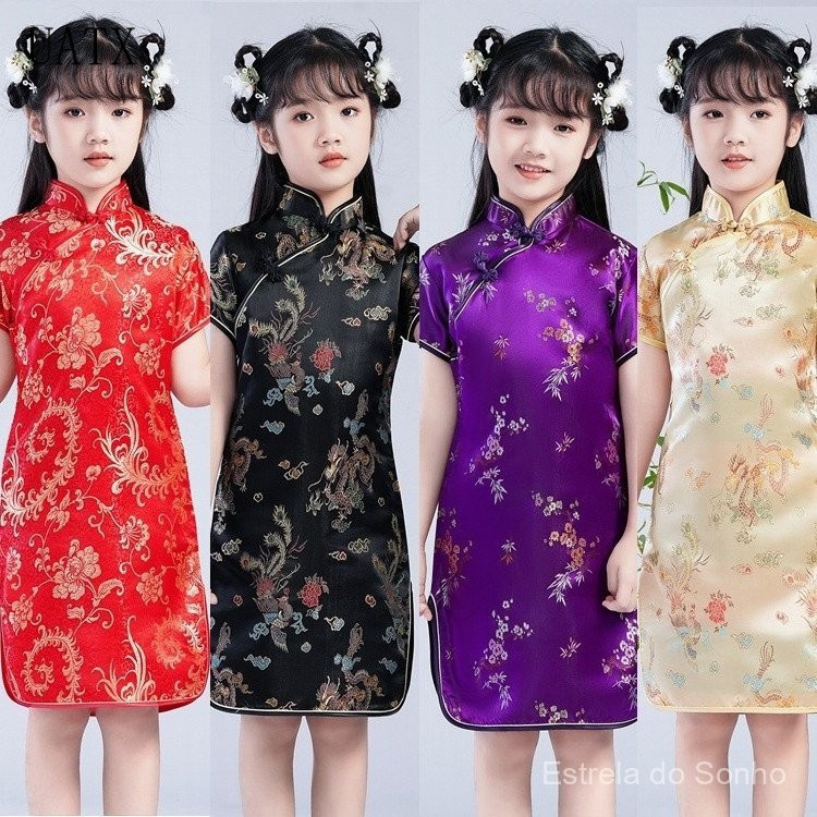 Uhome [1-11 Anos] (Entrega Rápida) Vestido Cheongsam Qipao para Meninas para o Ano Novo Chinês THGF