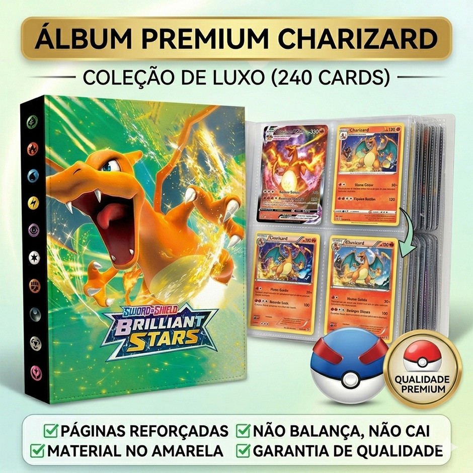 Álbum de Cartas Pokémon Brilliant Stars Charizard Verde Capa Dura Cabe 240 Cartas Envio Imediato