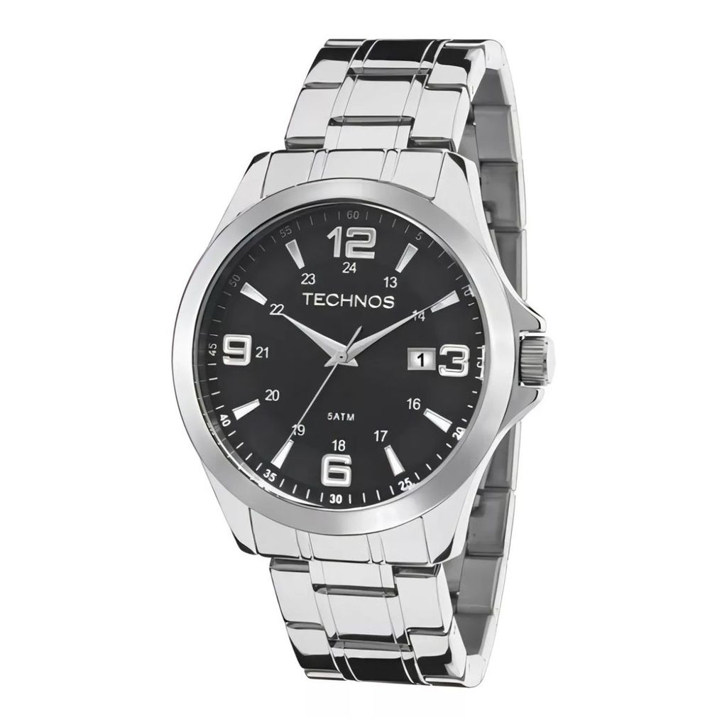 Relógio Masculino Technos Racer Clássico Aço Prata Mostrador Preto Calendário 2115MKTS/1P