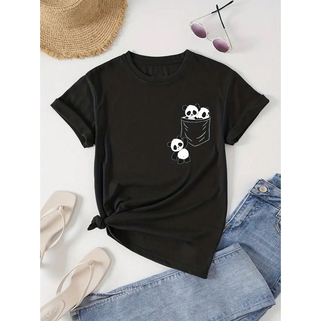 Camiseta Algodão Feminina Básica Premium Panda bolso Presente Casual Moda Primavera Confortável
