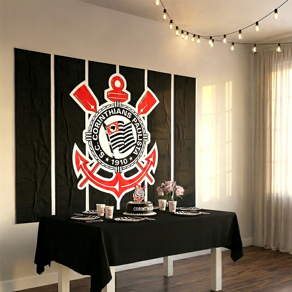 Kit Festa Corinthians Decoração Aniversário Toalha Preta + Painel GG em Oferta na Shopee
