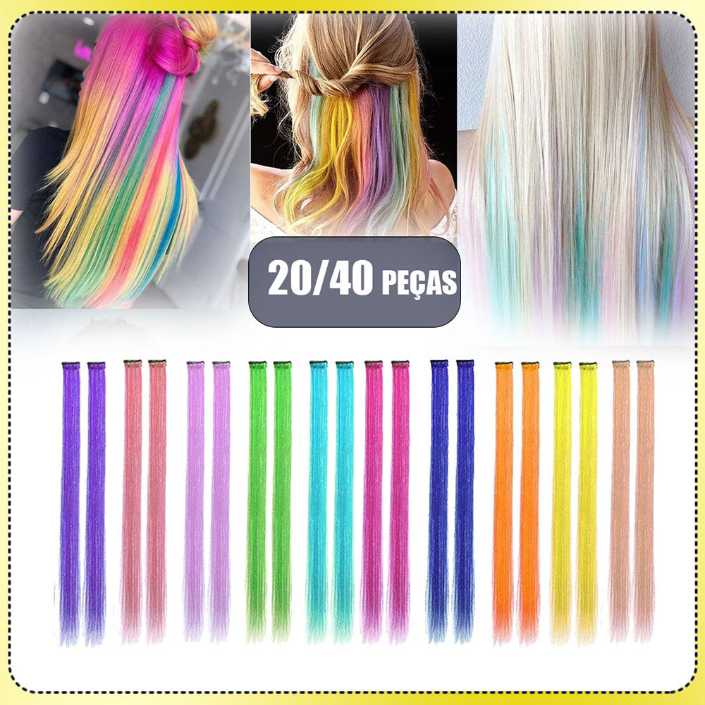 Extensões de cabelo coloridas Peças para alongamento do cabelo Extensões de cabelo tingíveis Peças para peruca Kit 20/40