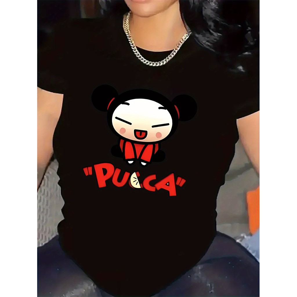 BR.Moonlight Camiseta Feminina Cartoon Puca Text Design Branco Preto Confortável Divertida Fofa Casual