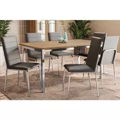Mesa de Sala Jantar Reno c/ Tampo Madeira 160cm + 6 Cadeiras Amsterdã Cromada - Assento Preto 110 - Kappesberg