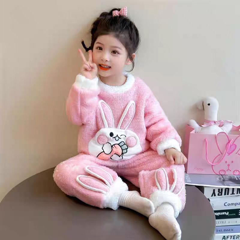Imagem Meninas forro de lã 2025 outono inverno pijamas conjunto quente confortável bonito flanela coelho Loungewear conjunto de