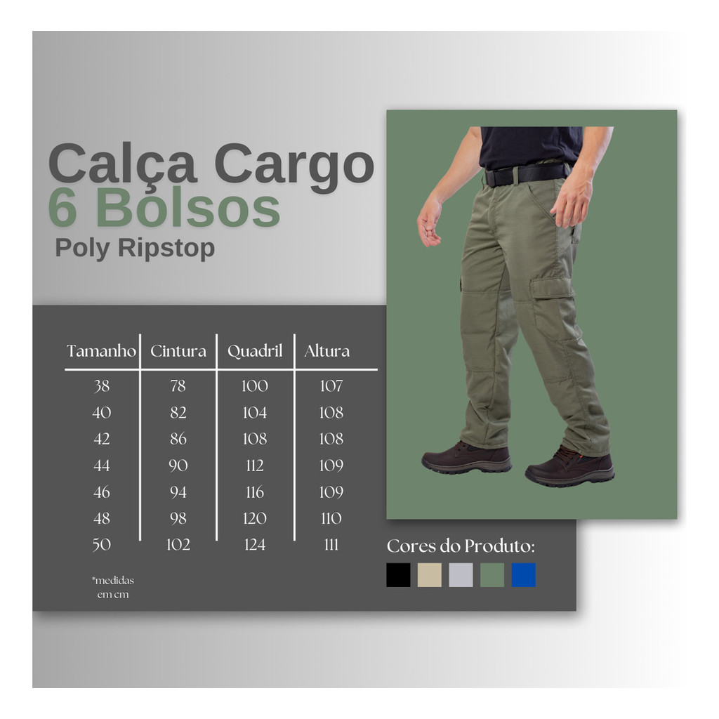 Calça Tática 6 Bolsos Cargo Poly Ripstop Reforçada Trekking