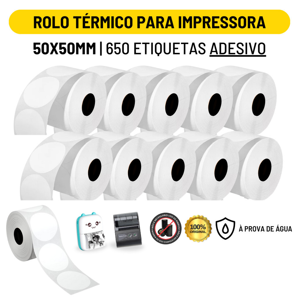 Kit 10 Rolo Etiqueta Adesiva Térmica Redonda 50x50mm Para Mini Impressora Portátil e Outras