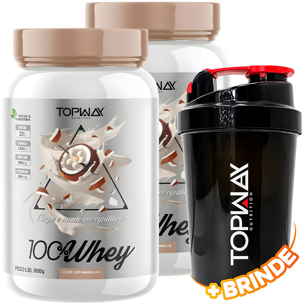 2x TopWay Suplemento Alimentar Whey Protein 100% 900g Coco com Baunilha Concentrado + Coqueteleira