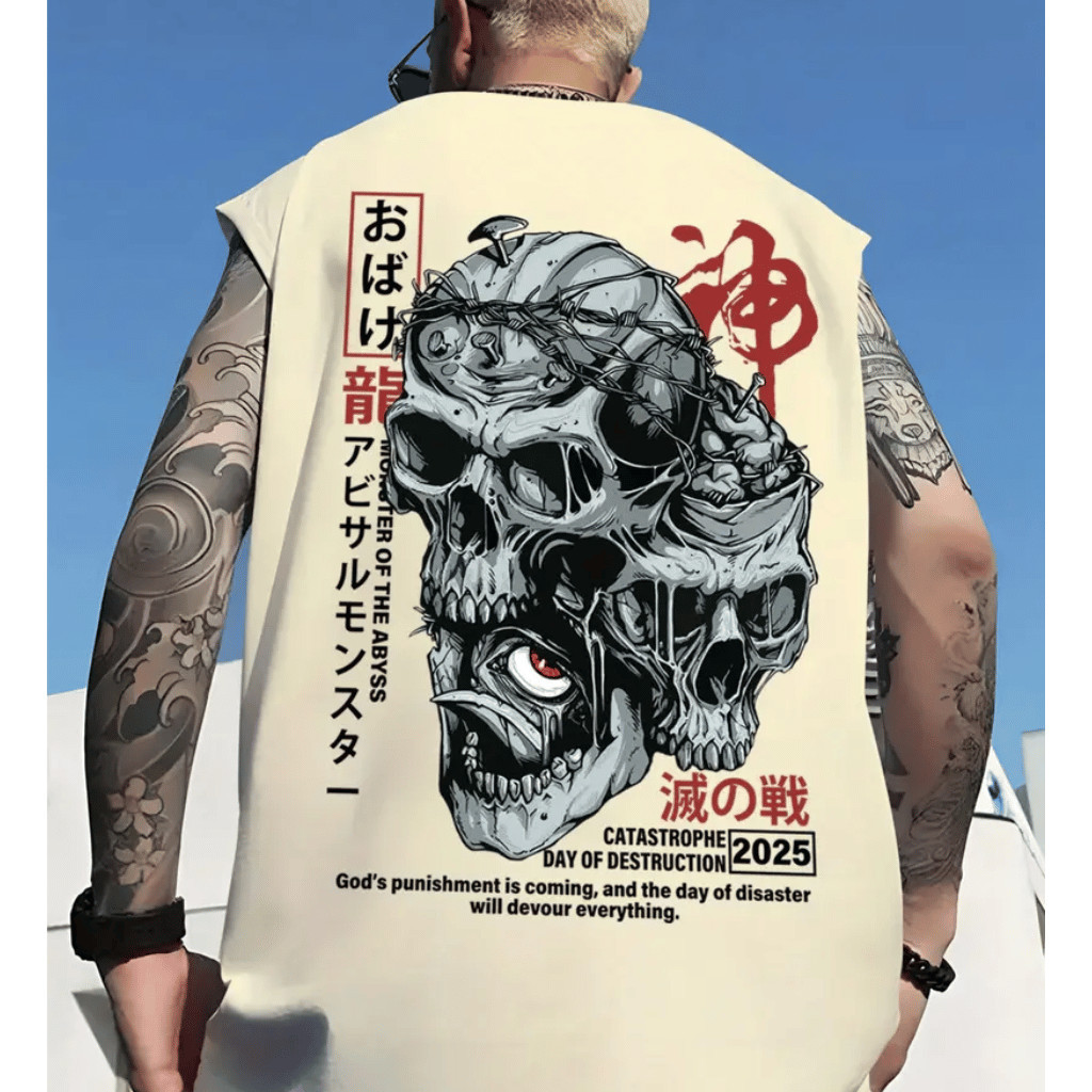 Camiseta camisa Regata Oversized Masculina Estampada Caveira Larga Streetwear Camisa Malha 100% Algodão
