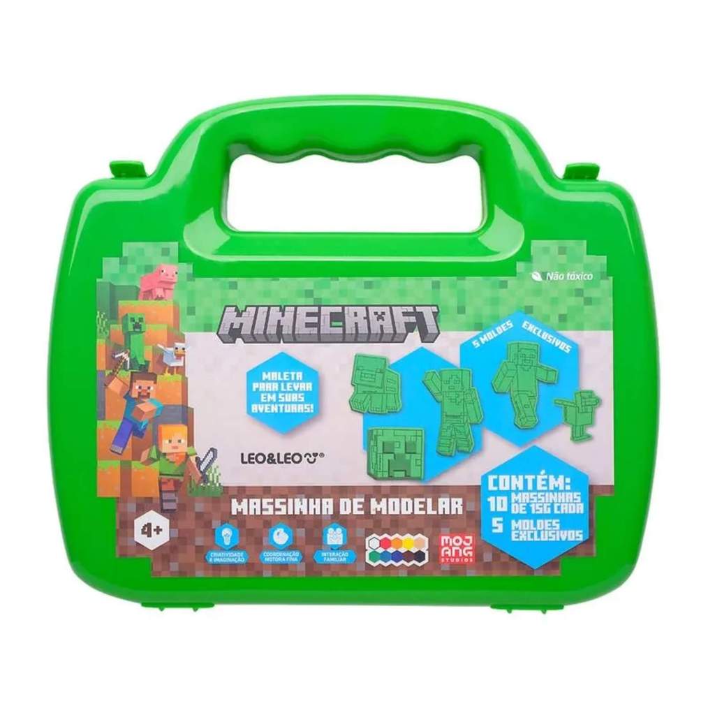 Maleta de Massinha de Modelar Minecraft com 10 Cores e 5 Moldes Leo&Leo Leonora - 10658