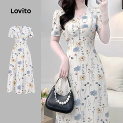 Lovito Vestido Elegante Com Estampa Floral Miúda E Nó Branco Para Mulheres Para Primavera E Verão L177ED381