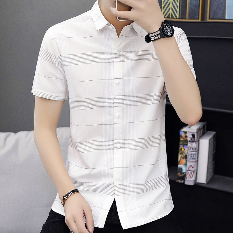 High-End camisa masculina de manga curta verão xadrez Casual bonito versão coreana magro-ajuste na moda camisa masculina