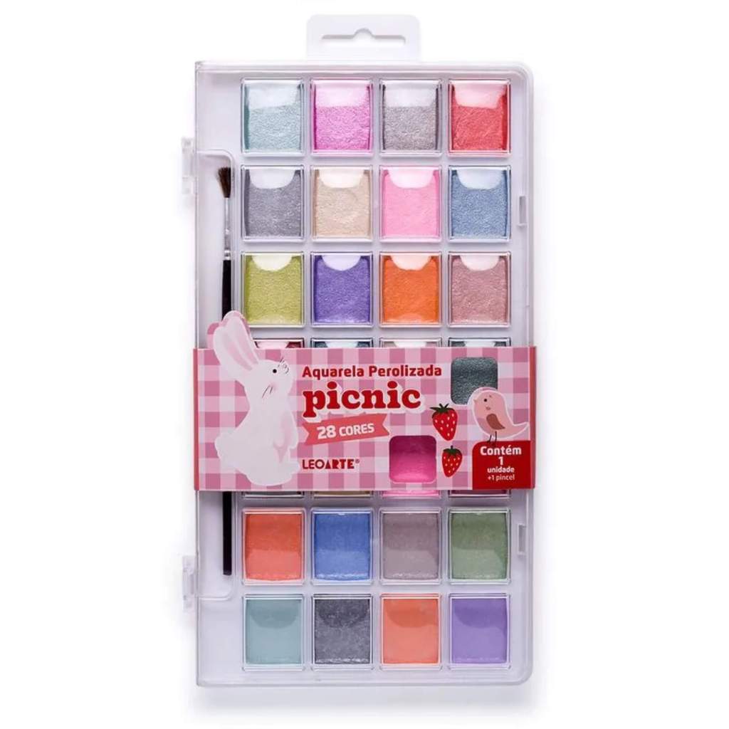 Estojo de Aquarela com 28 Cores Perolizadas Picnic + Pincél LeoArte Leonora - 72406