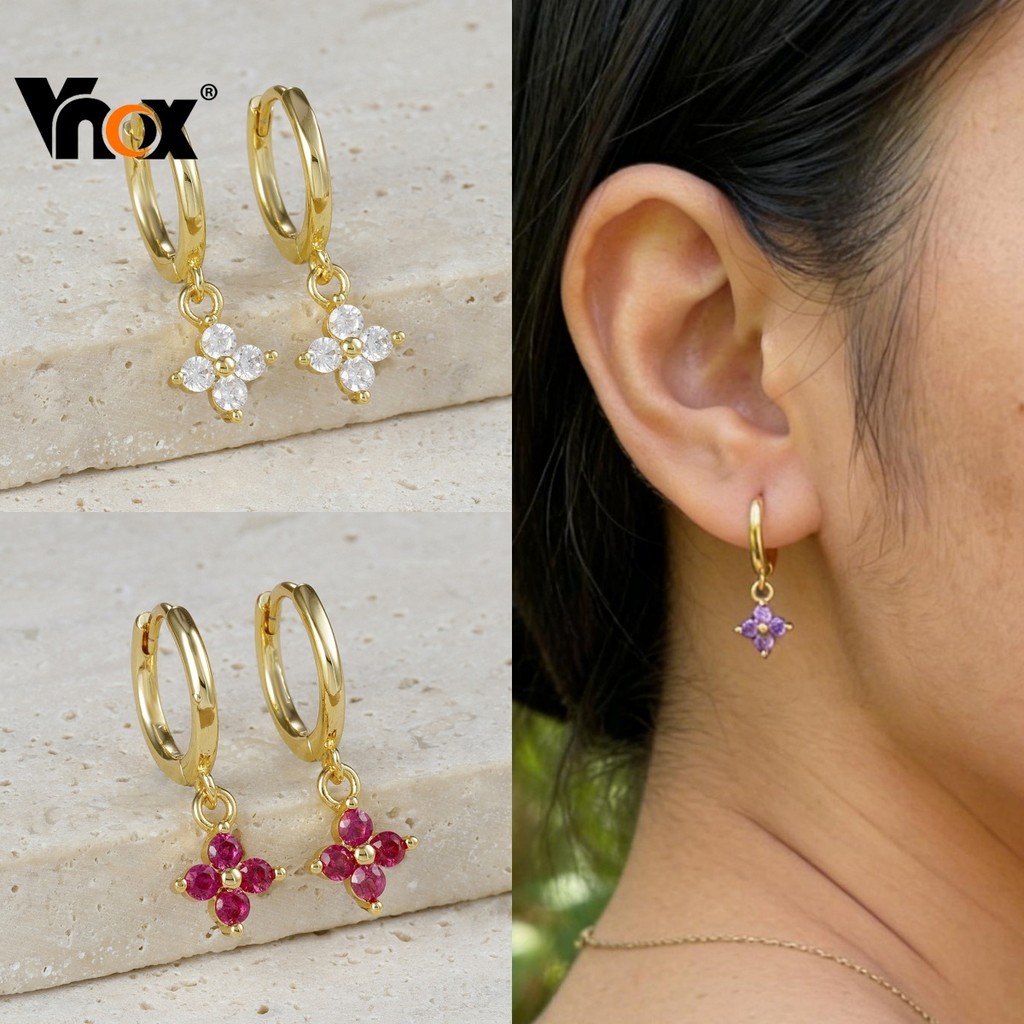 Brincos De Argola De Flor De Quatro Folhas De Zircônia Vnox , Ouro 18K Traz Acessórios De Joias Da Sorte Para Mulheres E