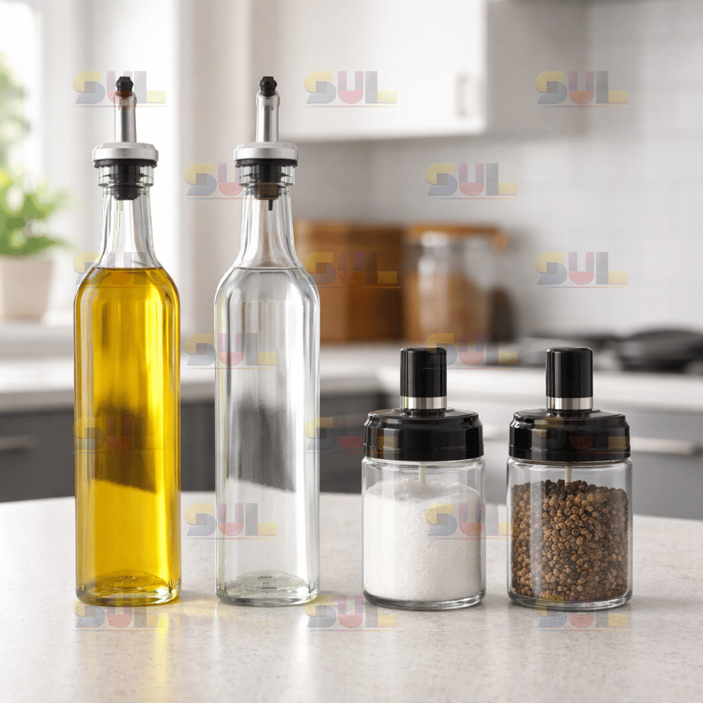 Kit 4 Peças Galheteiro de Vidro + Porta Temperos Porta Condimento Saleiro Vinagreiro E Azeiteiro