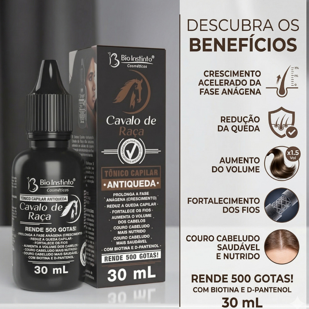 Tonico cabelo crescimento| Antiqueda e fortalecimento Cavalo Raça Bio Instinto 30ml em Oferta na Shopee