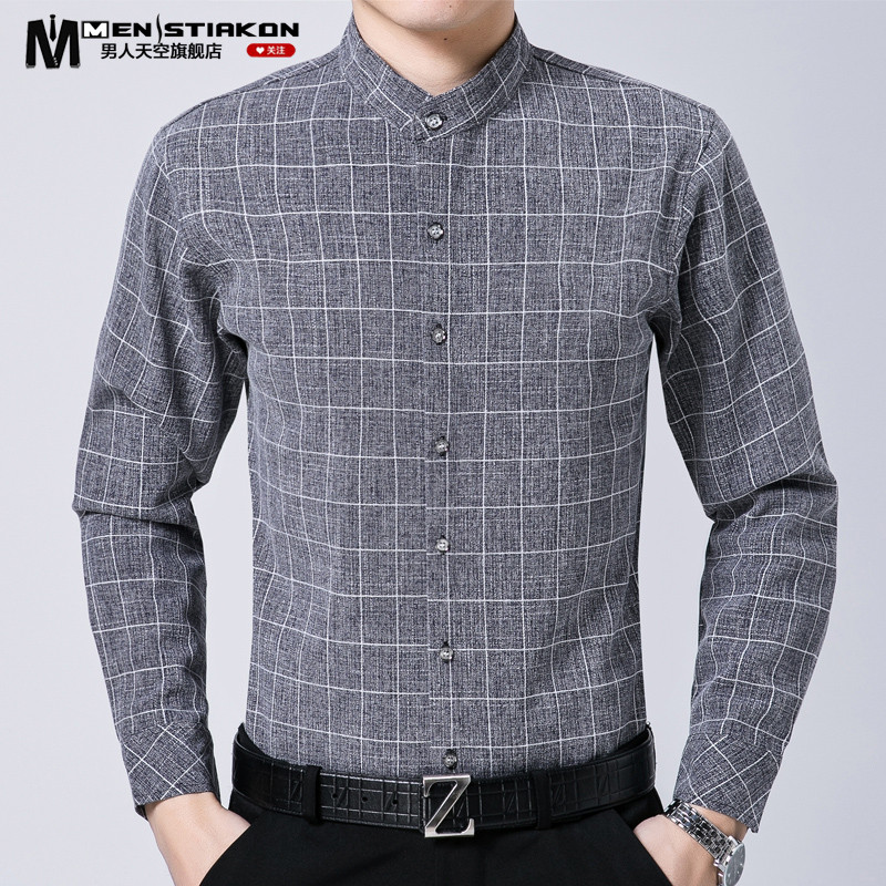 Primavera de meia-idade camisa de manga comprida masculina gola alta xadrez camisa Casual solta pai Wear 2017 linho esti