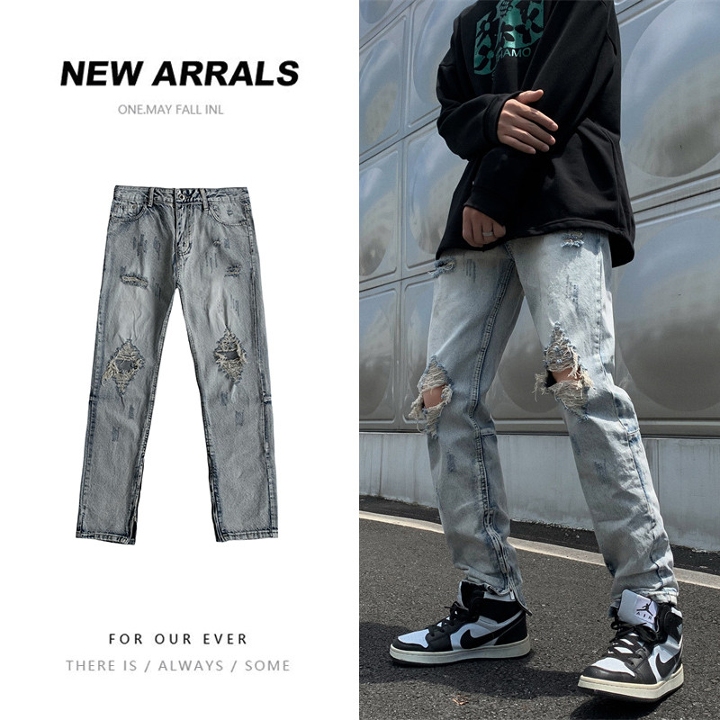 Calça jeans masculina com função de rua alta, lavável, rasgada, com zíper, rua frita, verão, reta, bf, cintura média, la