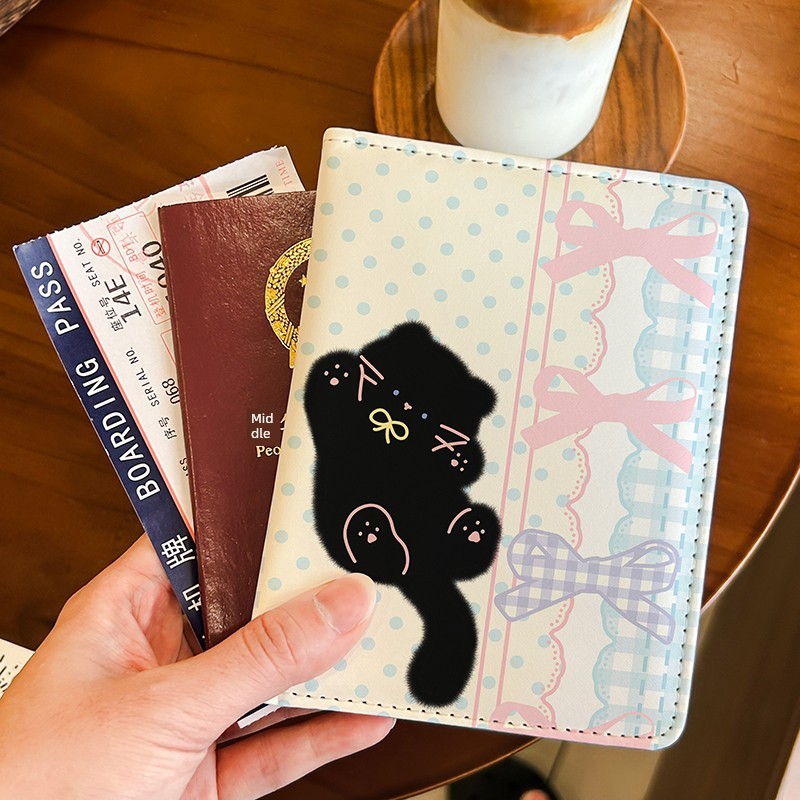 Pequeno gato preto bonito Animal passaporte titular saco de documentos caso protetor multifuncional titular do cartão vi