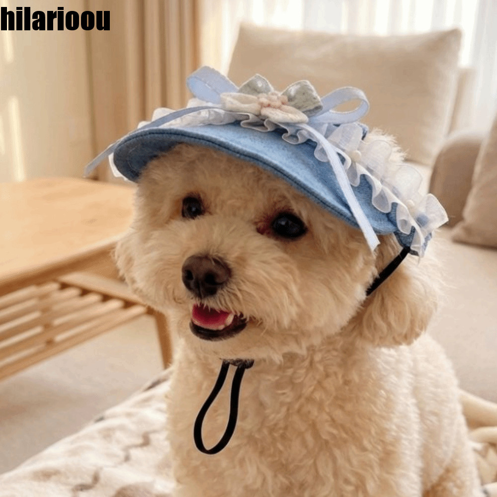HILARIOOU Chapéu De Sol Para Animais De Estimação , Boné Jeans Com Laço Doce Cachorro , Proteção Solar UV Respirável