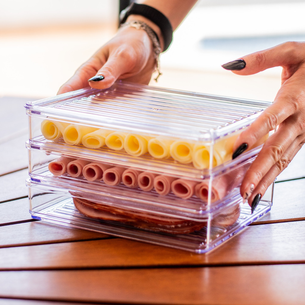 Porta Frios Presunto Queijo Acrílico Resistente Tampa Hermético Empilháveis