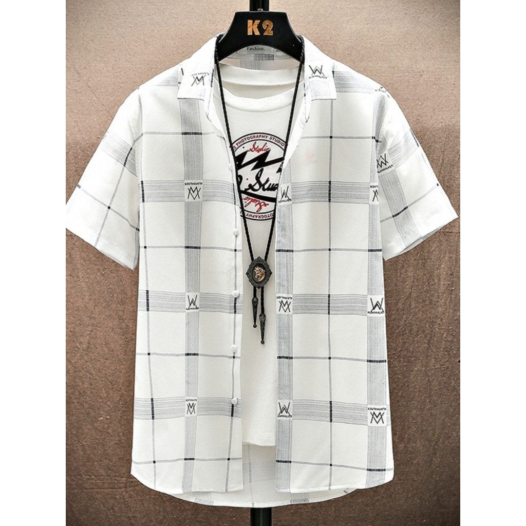P xadrez camisa de manga curta masculina verão novo estilo Casual jaqueta masculina Street Wear bonito camisa listrada r