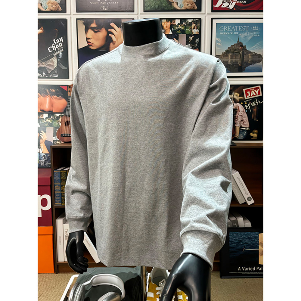 Cinza claro americano pesado de manga comprida camiseta masculina primavera outono puro algodão americano pequeno decote