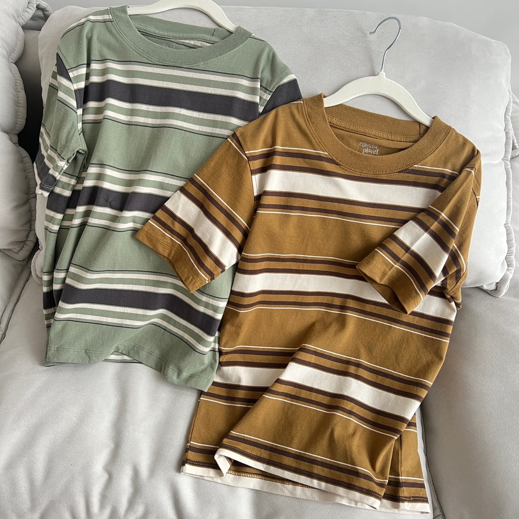 Roupas infantis coreanas meninos listrado camiseta de manga curta 2026 outono verão crianças soltas topo meninas estilo 