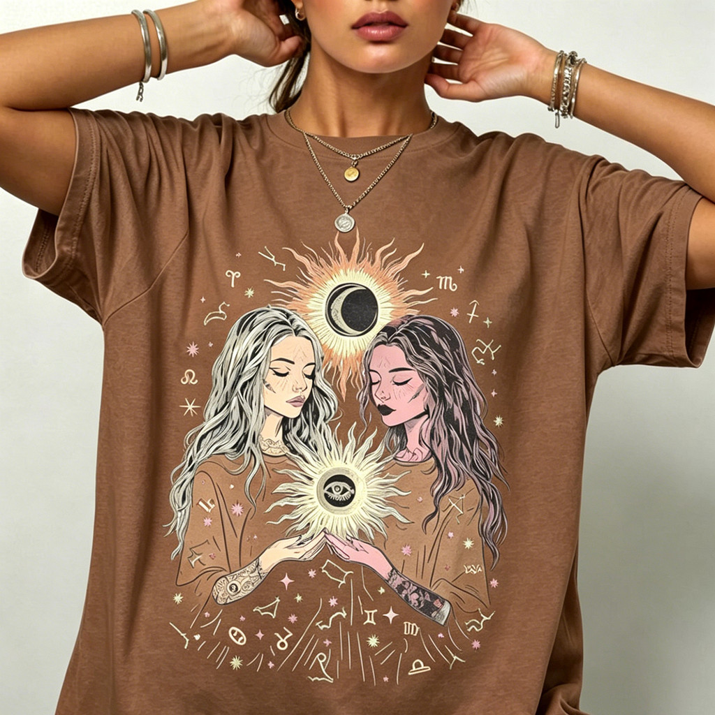 Camiseta Oversized Feminina de Algodão, Estampa Astrológica Sol e Lua, Confortável e Respirável, Tamanhos P ao G3