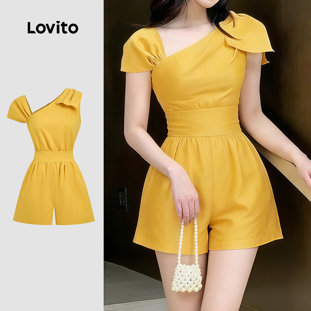 Lovito Elegante Macacão Assimétrico Pregas Estrutura Linha Primavera/verão Macacão Amarelo para Mulheres L190ED711